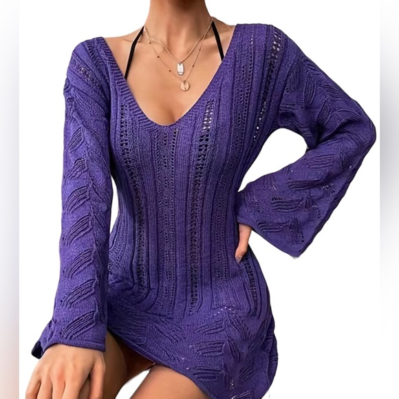 Other - New! Gorgeous Purple Long Sleeve V Neck Sweater Dress Hollow Out Cover Up Sz 12